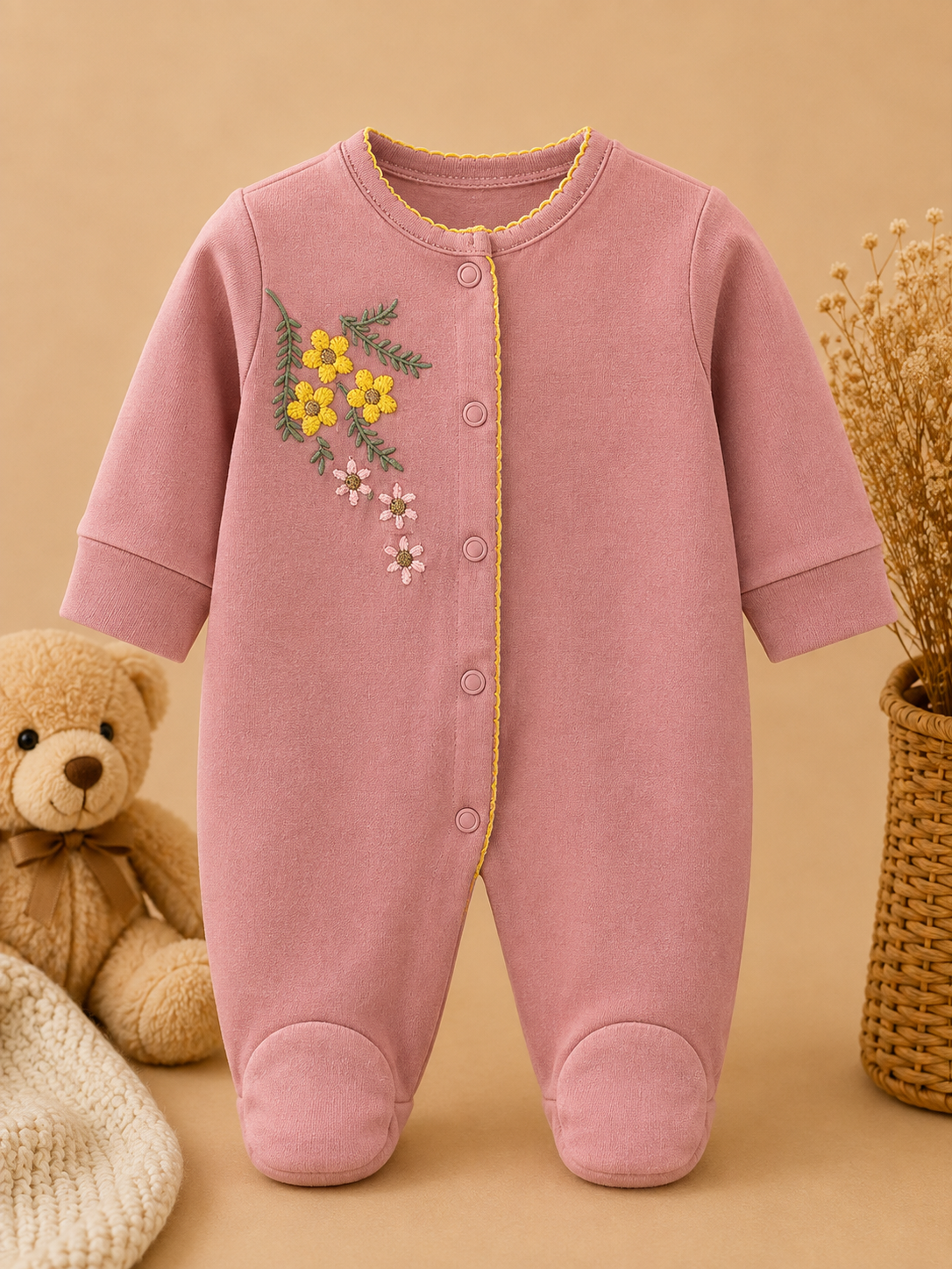 Cozy Pink Embroidered Baby Romper Display