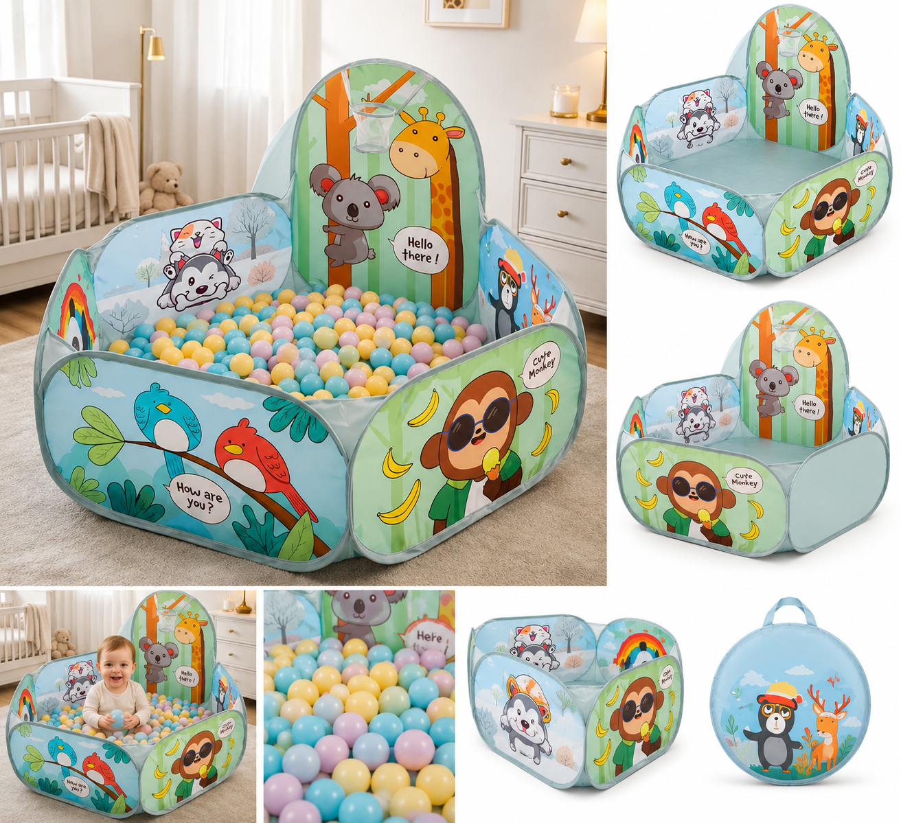 Animal-Themed Pastel Ball Pit Collage